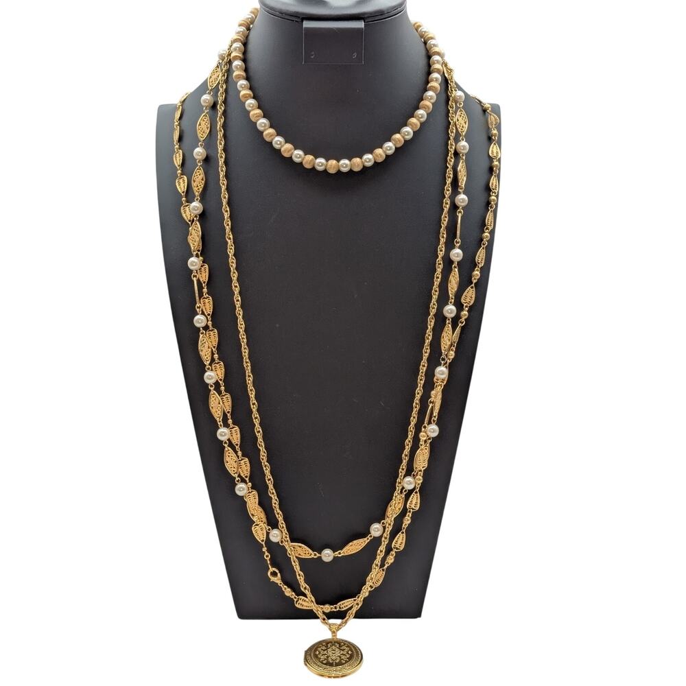 Lot of 4 Vtg Gold Tone Faux Pearl Fancy Chain Napier 1928 & Unbranded Necklaces